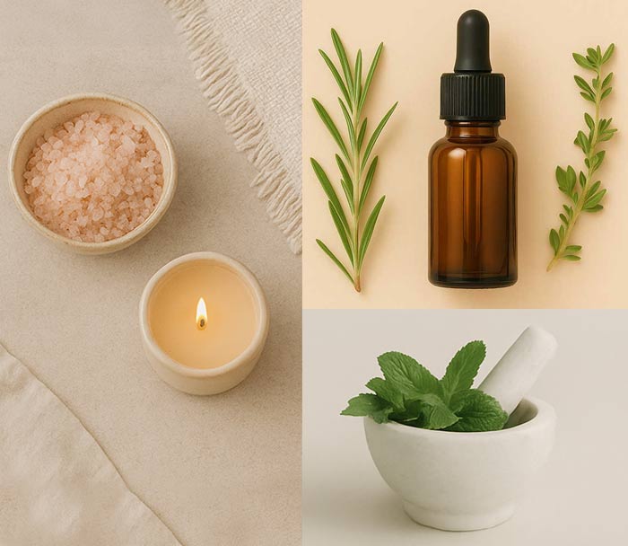 pink salt, essential oils, and herbs, elements of naturopathy