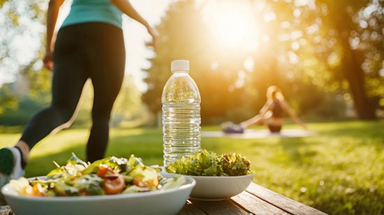 naturopathy-services-1 a woman heading off to exercise outside, with a healthy salad in the foreground